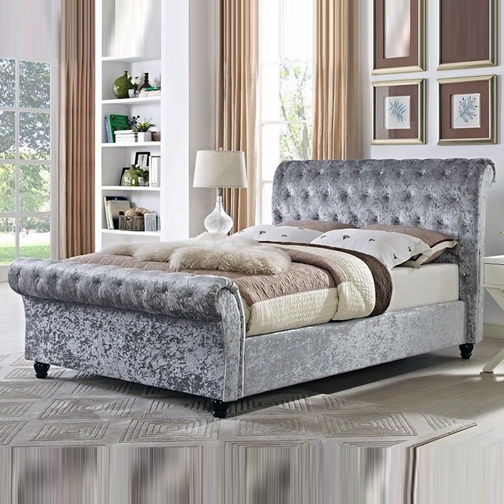 Safina Roll Top Single Sleigh Bed in Grey Velvet 