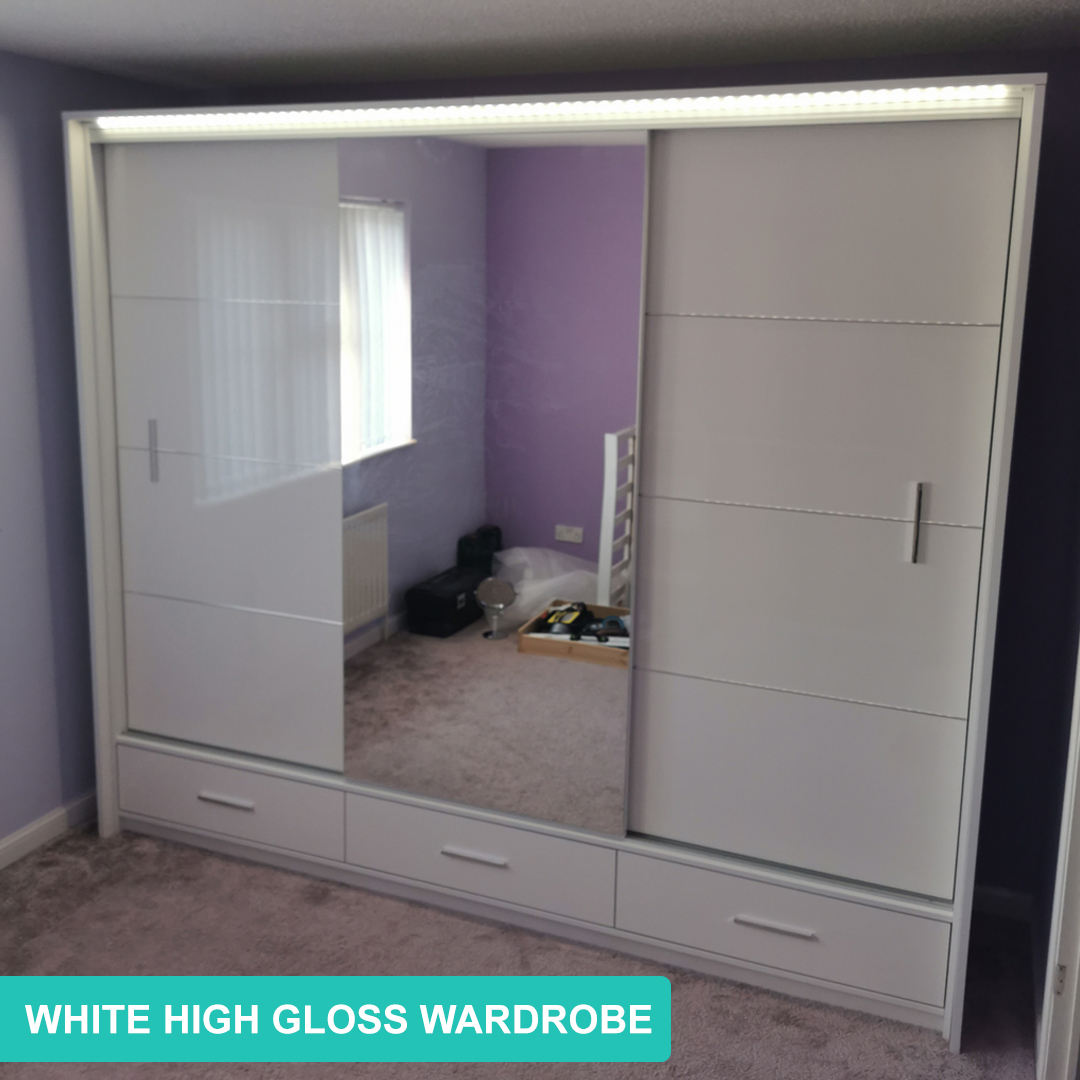 White High Gloss Mirror Sliding Door Wardrobe - Marsylia