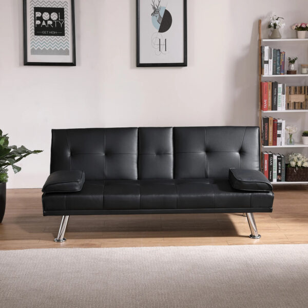 2 seater leather cup holder sofa bed black