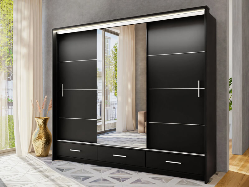Black Gloss Wardrobe With Mirror Sliding Doors